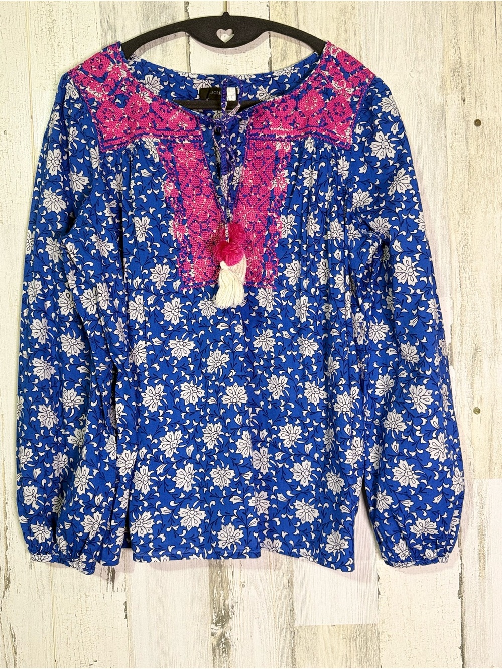 J.Crew Re-Imagined Blue Floral Embroidered Tassel Peasant Blouse Top Small